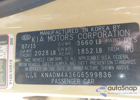 2016 Kia Rio Lx from USA, damaged, VIN KNADM4A36G6599836
